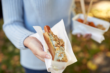 Image showing close up of hand with hot dog