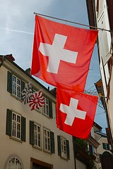 Image showing Swiss Flags in a Street