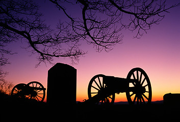 Image showing War Memorial Wheeled Cannon Military Civil War Weapon Dusk Sunse