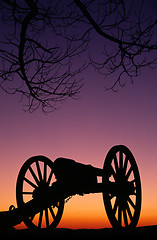 Image showing War Memorial Wheeled Cannon Military Civil War Weapon Dusk Sunse