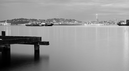 Image showing North Seattle Skyline Across Elliott Bay Monochrome Night