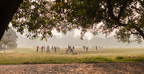 Image showing Boys playing soccer, Kolkata, India