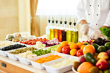 Image showing salad bar with vegetables in the restaurant, healthy food