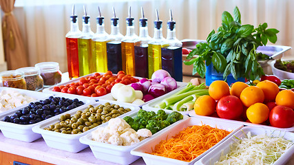 Image showing salad bar with vegetables in the restaurant, healthy food
