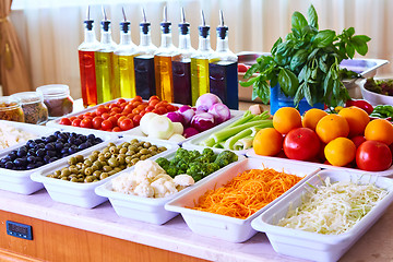 Image showing salad bar with vegetables in the restaurant, healthy food