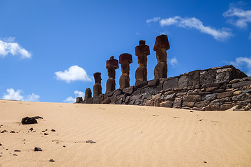 Image showing Moais statues site ahu Nao Nao on anakena beach, easter island