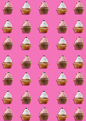 Image showing Colorful pattern made of cupcakes on pink background.