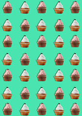 Image showing Colorful pattern made of cupcakes on green background.