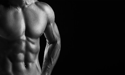 Image showing The torso of attractive male body builder on black background.