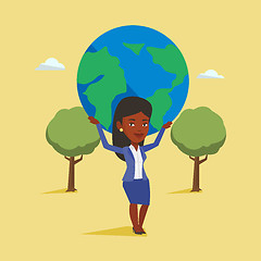 Image showing Business woman holding globe vector illustration.