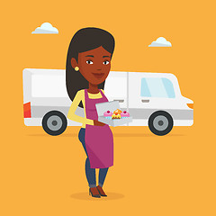 Image showing Baker delivering cakes vector illustration.