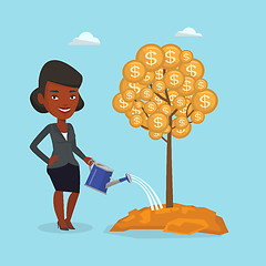 Image showing Business woman watering financial tree.