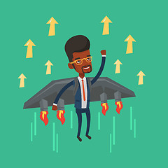 Image showing Happy businessman flying on the rocket to success.
