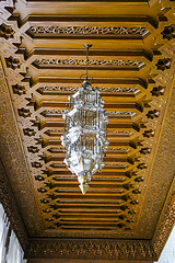 Image showing Wooden ceilings and arabic lamp, typical of Marrakesh Morocco