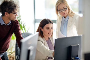 Image showing happy business team with computer in office