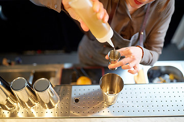 Image showing bartender with cocktail shaker and jigger at bar