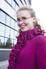 Image showing young pretty blonde girl enjoing spring nature in park, lifestyl