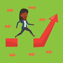 Image showing Business woman jumping over gap on arrow going up.