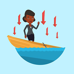 Image showing Business woman standing in sinking boat.