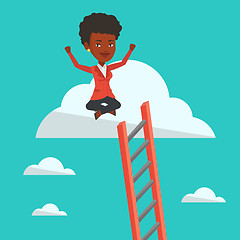 Image showing Happy business woman sitting on the cloud.