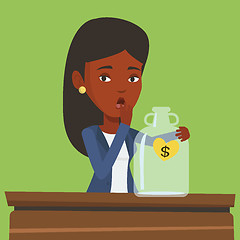 Image showing Bankrupt business woman looking at empty money box