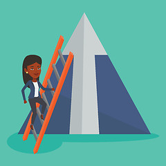 Image showing Business woman climbing on mountain.