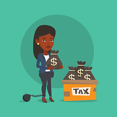 Image showing Chained woman with bags full of taxes.