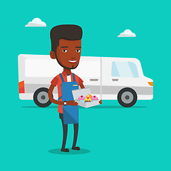 Image showing Baker delivering cakes vector illustration.