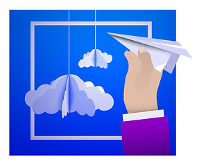 Image showing Male hand holding a paper plane against the sky with paper clouds in the style of origami