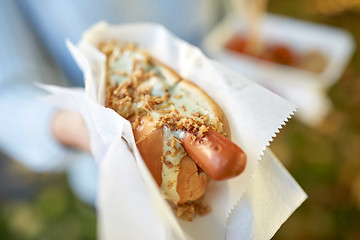 Image showing close up of hand with hot dog