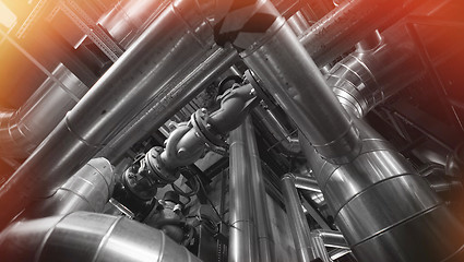 Image showing Industrial zone, Steel pipelines, valves, cables and walkways