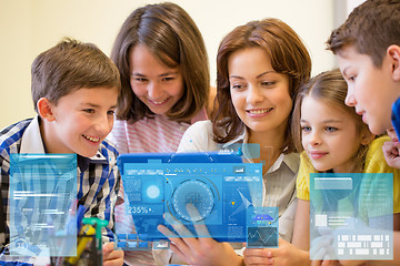 Image showing group of kids with teacher and tablet pc at school