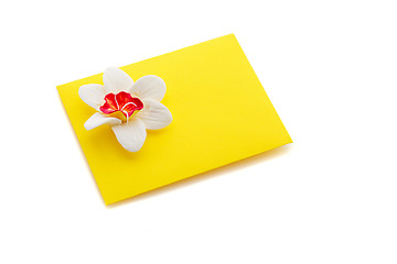 Image showing Close up of yellow envelope with flower