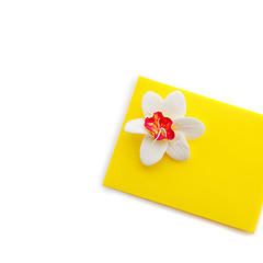 Image showing Close up of yellow envelope with flower