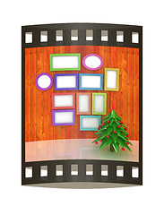 Image showing Mock up poster on the wood wall with christmas tree and decorati