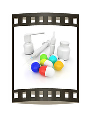 Image showing Syringe, tablet, pill jar. 3D illustration. The film strip