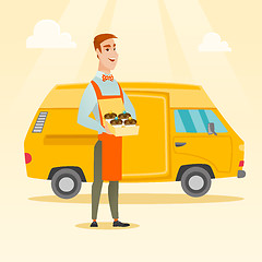 Image showing Baker delivering cakes vector illustration.