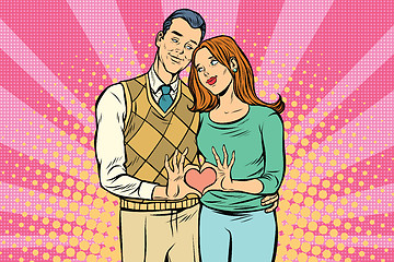 Image showing Cute couple, hand gesture a heart of love