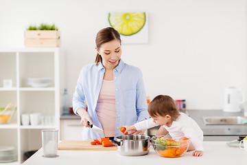 Image showing happy mother and baby cooking food at home kitchen