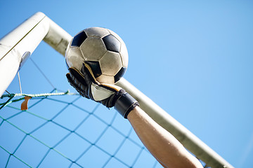 Image showing goalkeeper with ball at football goal over sky