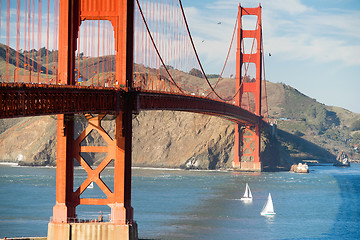 Image showing Two Sailboats Golden Gate Bridge San Francisco Bay California