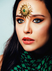 Image showing beauty eastern real muslim woman with jewelry close up, bride wi