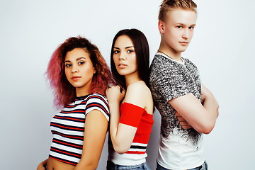 Image showing company of hipster guys, blonde boy and girls students having fun together friends, diverse fashion style and races, lifestyle people concept isolated on white background closeup