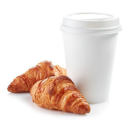 Image showing paper cup of coffee and croissants