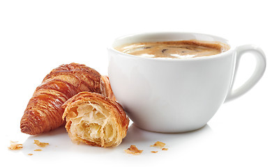 Image showing cup of coffee and croissants