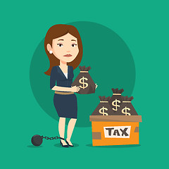Image showing Chained woman with bags full of taxes.