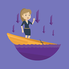 Image showing Business woman standing in sinking boat.