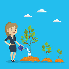 Image showing Business woman watering trees vector illustration.