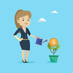 Image showing Business woman watering money flower.