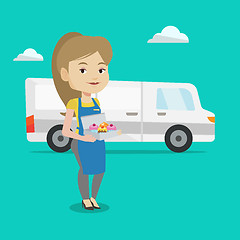 Image showing Baker delivering cakes vector illustration.